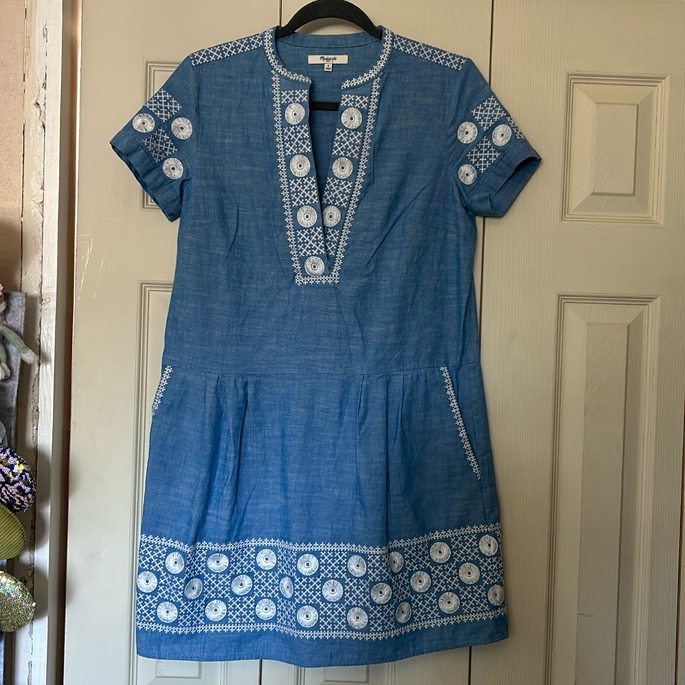Madewell embroidered chambray shift dress